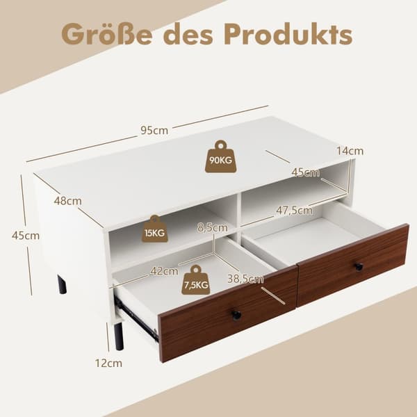 Kaffebord, 95x48x45 cm, Vit + Brun
