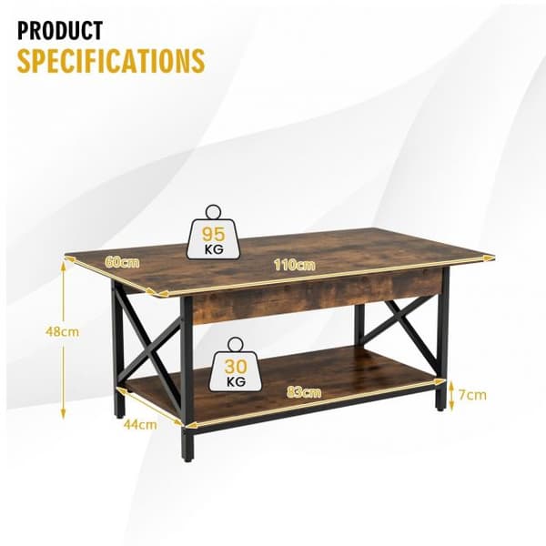 Kaffebord, Industriell med 2 hyllor, 110x60x48 cm, Svart
