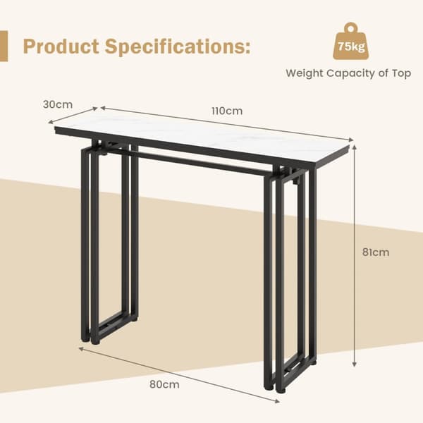 Konsolbord, 110cm Faux Marmor Konsolbord med Stærke Metalben-Sort, 43.5"x12"x32", Hvid + Guld