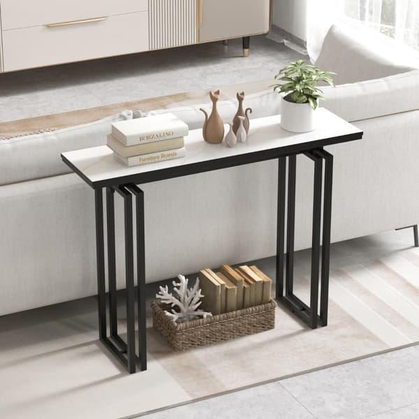 Konsolbord, 110cm Faux Marmor Konsolbord med Stærke Metalben-Sort, 43.5"x12"x32", Hvid + Guld