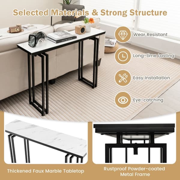 Konsolbord, 110cm Faux Marmor Konsolbord med Stærke Metalben-Sort, 43.5"x12"x32", Hvid + Guld