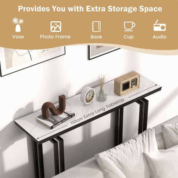 Konsolbord, 110cm Faux Marmor Konsolbord med Stærke Metalben-Sort, 43.5"x12"x32", Hvid + Guld