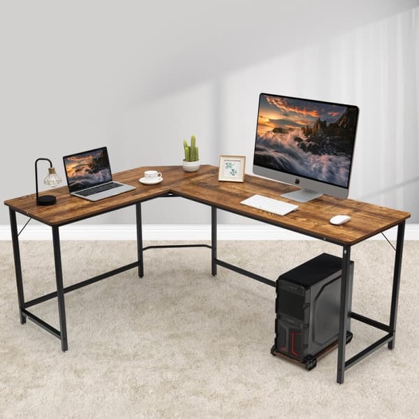 Computerskrivebord, 168x125x74 cm, Sort/Kaffe/Naturlig