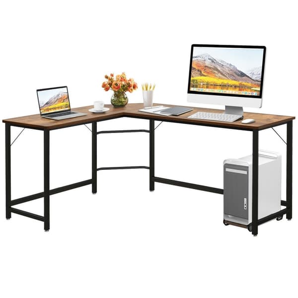 Computerskrivebord, 168x125x74 cm, Sort/Kaffe/Naturlig