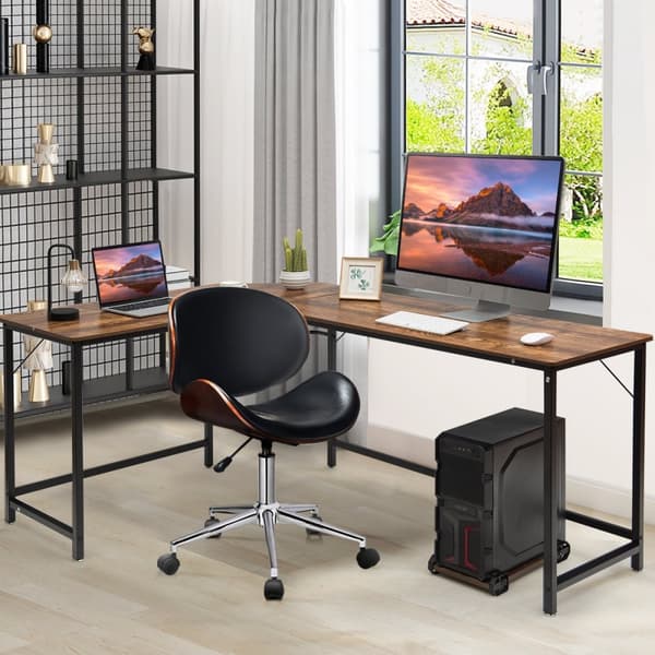 Computerskrivebord, 168x125x74 cm, Sort/Kaffe/Naturlig