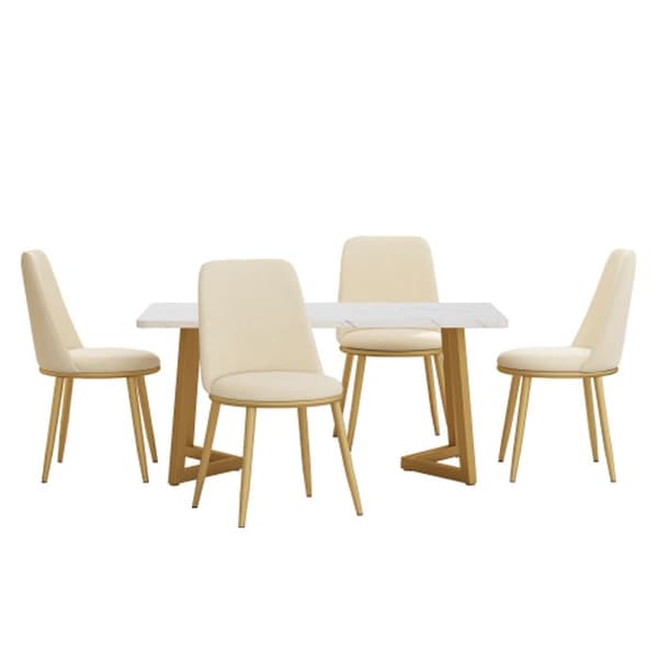 (Ensemble, matbord 117 x 68 x 75 cm med 4 stolar) Bordskiva i vit MDF, ben i guldplätering