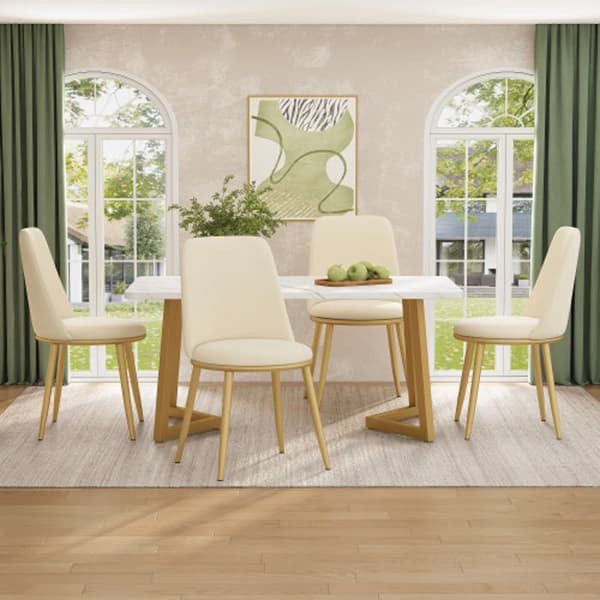 (Ensemble, matbord 117 x 68 x 75 cm med 4 stolar) Bordskiva i vit MDF, ben i guldplätering