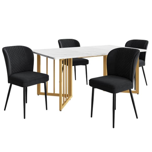 Matsalsset (bord 140 x 80 x 75 cm och 4 stolar) Bordsskiva i vit MDF, ben i guld V-form.