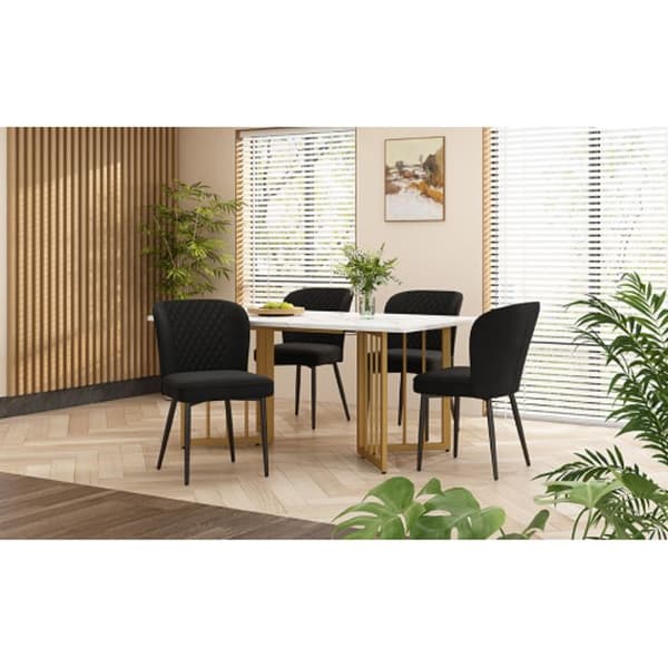 Matsalsset (bord 140 x 80 x 75 cm och 4 stolar) Bordsskiva i vit MDF, ben i guld V-form.