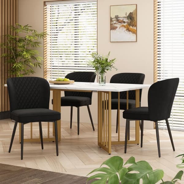 Matsalsset (bord 140 x 80 x 75 cm och 4 stolar) Bordsskiva i vit MDF, ben i guld V-form.
