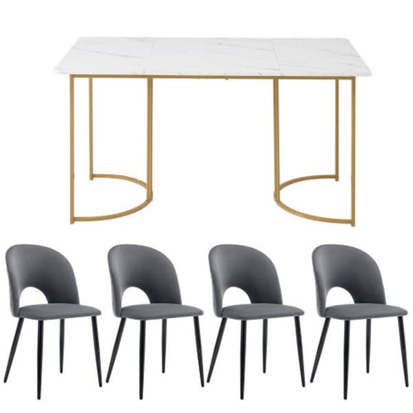 Matsalsset med bord (140 x 80 cm med 4 stolar) justerbara ben, grå sammet, vit MDF-skiva, gyllene ben