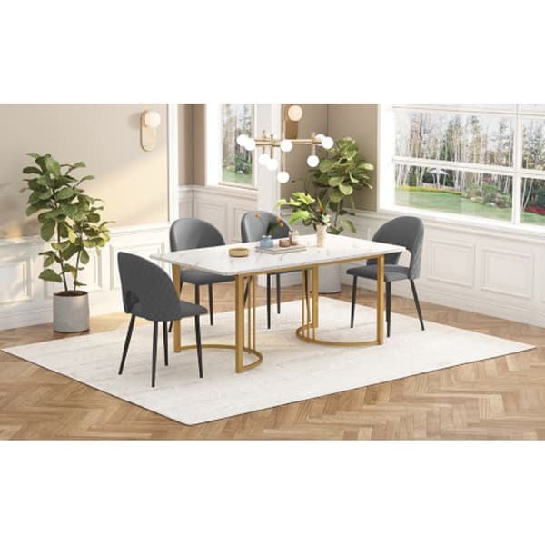 Matsalsset med bord (140 x 80 cm med 4 stolar) justerbara ben, grå sammet, vit MDF-skiva, gyllene ben