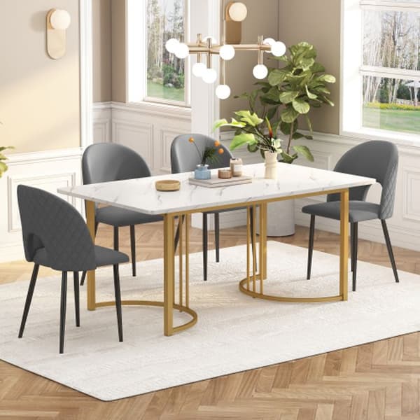 Matsalsset med bord (140 x 80 cm med 4 stolar) justerbara ben, grå sammet, vit MDF-skiva, gyllene ben