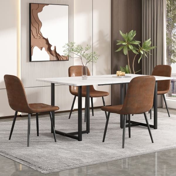 Matsalsset (5 delar), modern köksbord och 4 stolar i brun konstläder, svarta L-ben