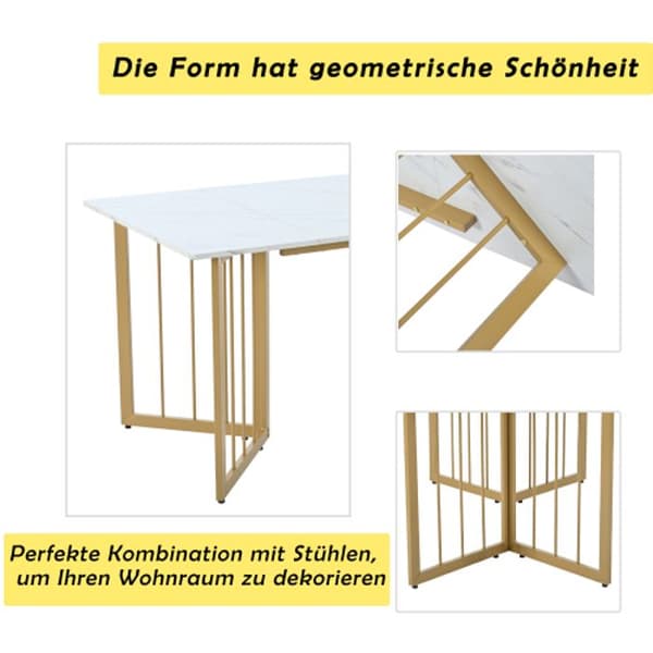 Matgrupp, (bord 140 x 80 x 75 cm med 4 stolar) vit MDF-skiva, gyllene V-formade ben