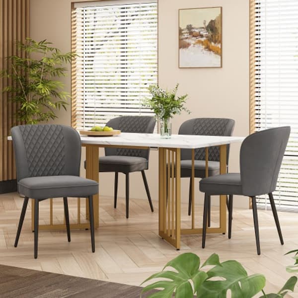 Matgrupp, (bord 140 x 80 x 75 cm med 4 stolar) vit MDF-skiva, gyllene V-formade ben