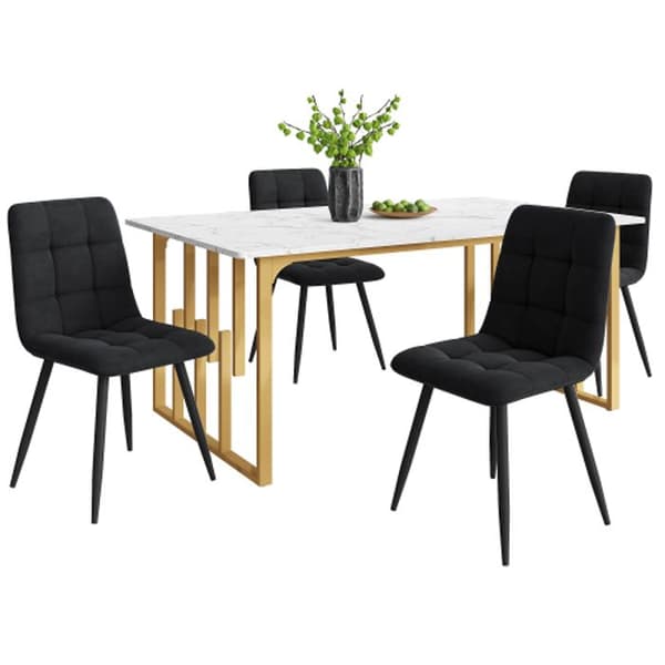 Matsalsbordset (5 delar) 140x80cm, köksbord med ben i guldmetall, matstolar i svart sammet
