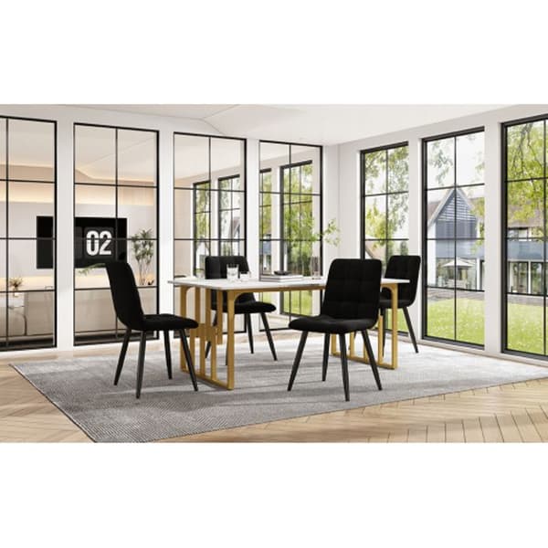 Matsalsbordset (5 delar) 140x80cm, köksbord med ben i guldmetall, matstolar i svart sammet