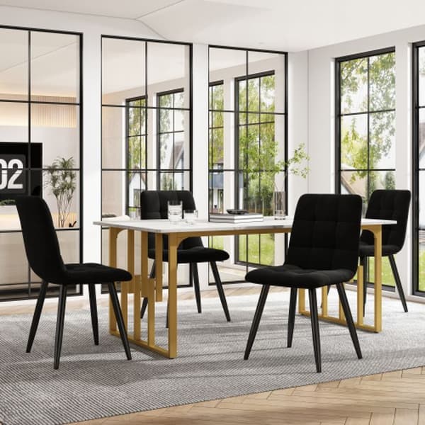 Matsalsbordset (5 delar) 140x80cm, köksbord med ben i guldmetall, matstolar i svart sammet