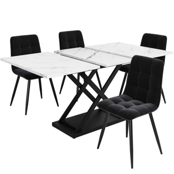 Matsalsset 5 delar 160 x 80 x 75 cm matbord och 4 stolar, svarta stolar, vitt bord