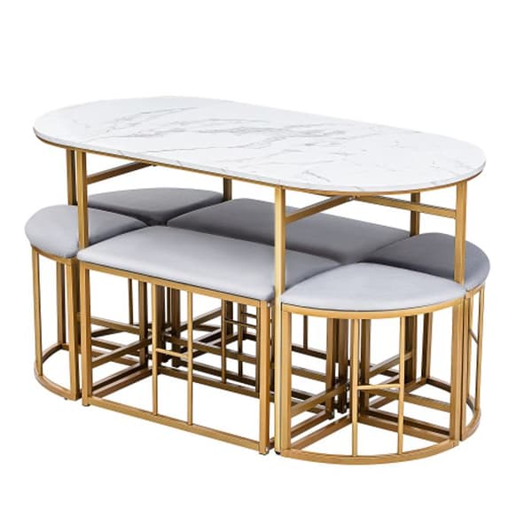 Matgrupp med bord, 4 små pallar och 2 stora pallar, modern vit och guld