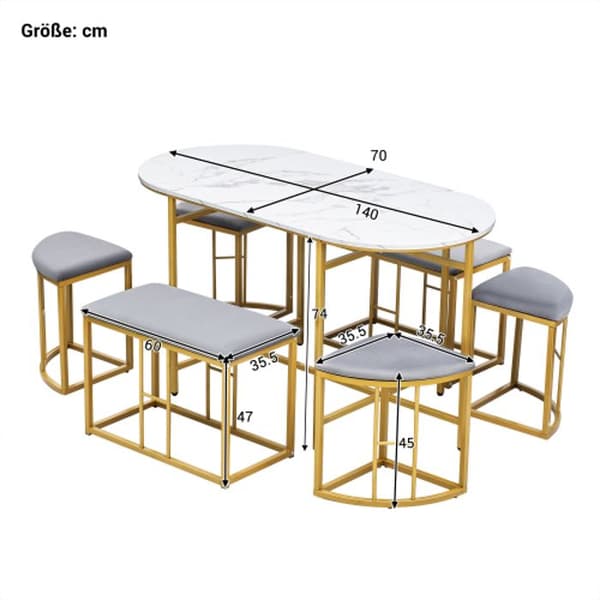 Matgrupp med bord, 4 små pallar och 2 stora pallar, modern vit och guld