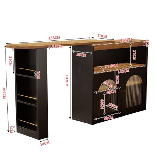 138-193X39X105CM Modern extensible barbord med 1m LED-ljusremsa (justerbar färg), svart