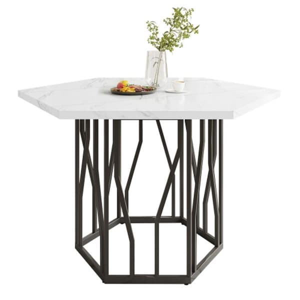 Modern hexagon marble dining table with a black metal frame and a simple and beautiful coffee table.