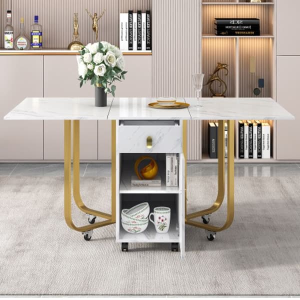 Fällbar matbord (1-St) med skåp och 2 lådor med 4 ben på ställ (vit/guld)