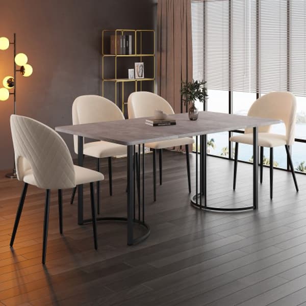 Ensemble matbord, (bord 140x 80 cm med 4 stolar), justerbara ben, beige sammets, grå MDF-skiva, svarta ben.