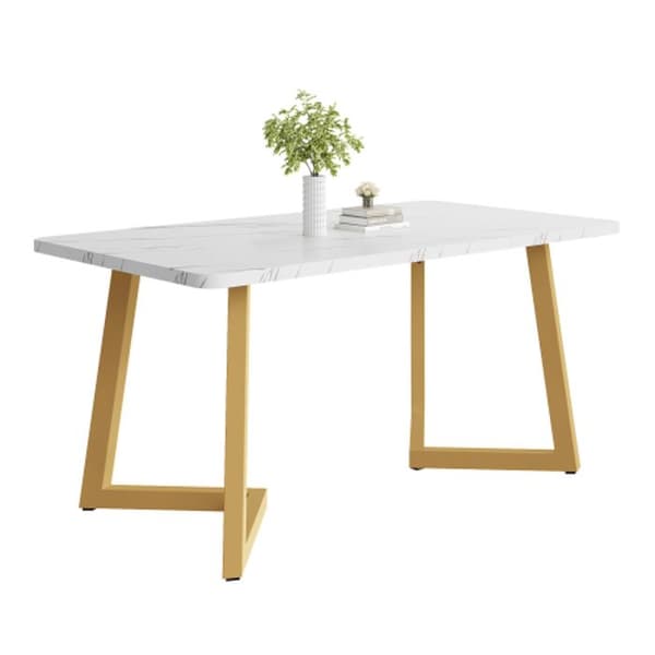 Matbord, 117x68 cm (1-St), Modern rektangulärt matbord i marmor, vit, guld/vit