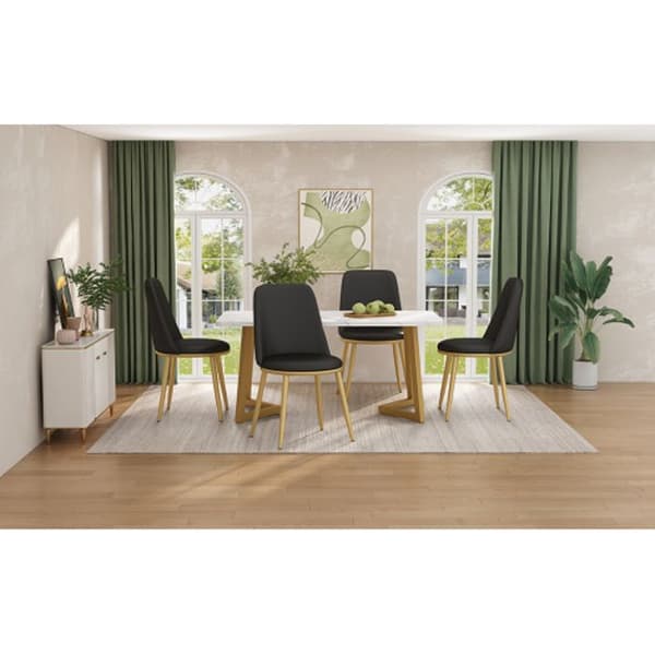 Moderna köksmatgrupp med svarta stolar, vit bordsskiva och guldfötter