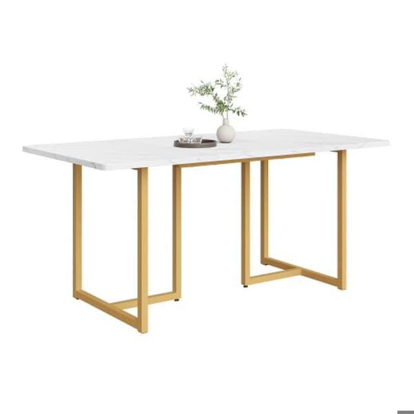 140 x 80 x 75 cm Matbord, (1-St) L-Stöd Ben Marmorfärgad Rektangulär Matbord, Vit/Guld