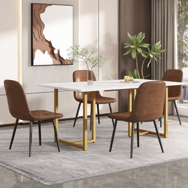 140 x 80 x 75 cm Matbord, (1-St) L-Stöd Ben Marmorfärgad Rektangulär Matbord, Vit/Guld