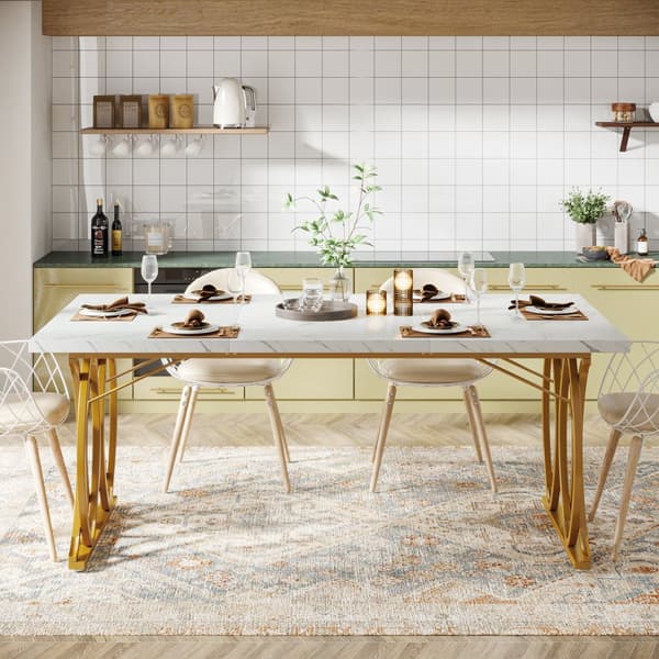 Tribesigns Modern Matbord, 160 x 80 x 75 cm, Rektangulär Köksbord, Stilren Design, för 4-6 personer, Vit och guld