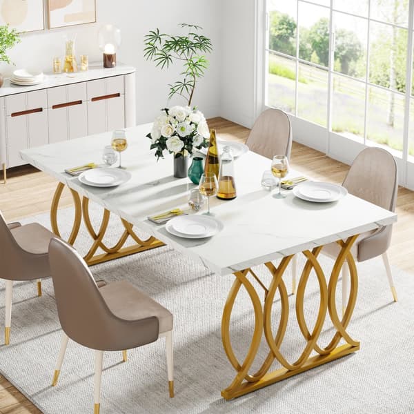 Tribesigns Modern Matbord, 160 x 80 x 75 cm, Rektangulär Köksbord, Stilren Design, för 4-6 personer, Vit och guld