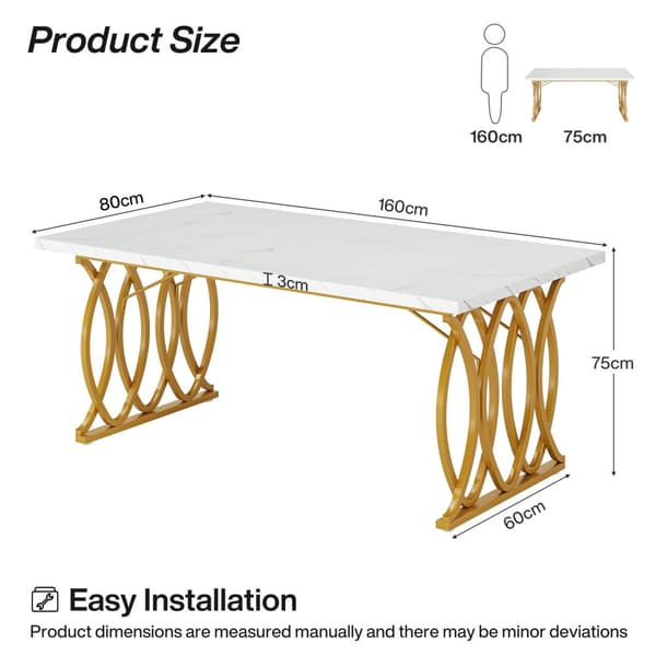 Tribesigns Modern Matbord, 160 x 80 x 75 cm, Rektangulär Köksbord, Stilren Design, för 4-6 personer, Vit och guld