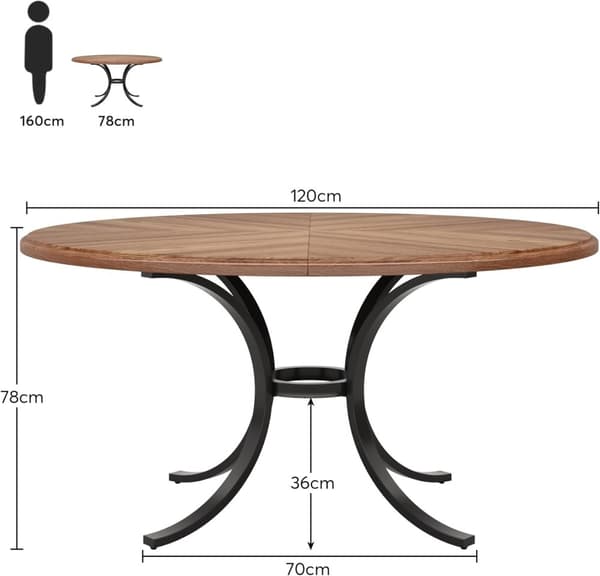 Tribesigns pyöreä ruokapöytä, teollinen keittiöpöytä, 76 cm korkea x 120 cm leveä x 120 cm pitkä, kestävä MDF-levy, 6 istumapaikkaa, vintage ruskea-mu
