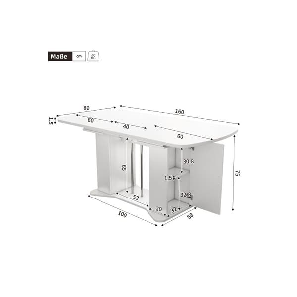 Förlängningsbar matbord 120/160 x 80 cm, silverfärgade metallben, för 4-6 personer, vit + silverfärgade ben