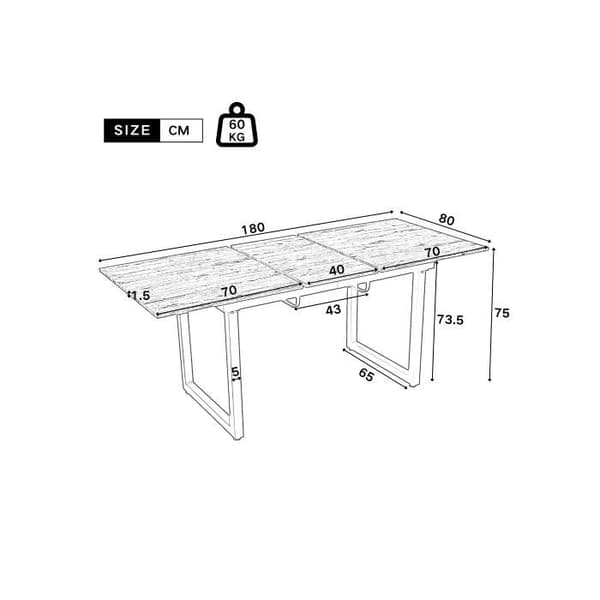 Utökningsbar matbord, L140/180*B80*H75, Rektangulär, Enkel och modern matbord i järn, Vit + Svart