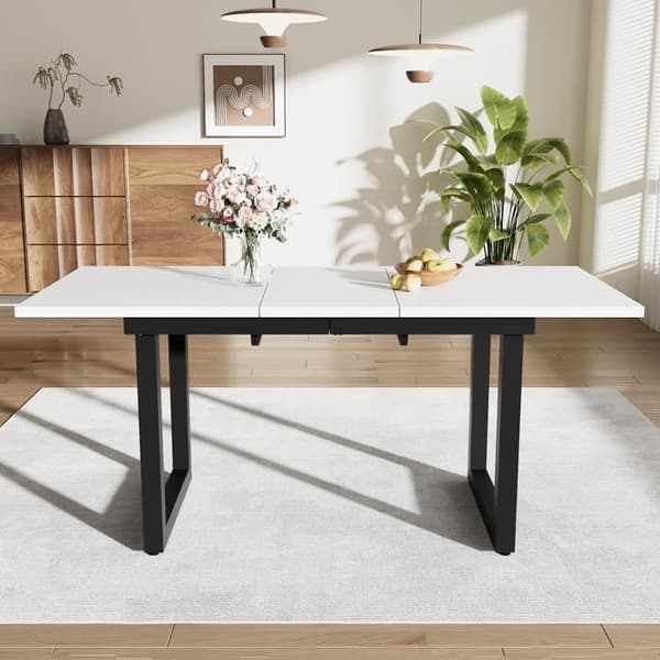 Utökningsbar matbord, L140/180*B80*H75, Rektangulär, Enkel och modern matbord i järn, Vit + Svart