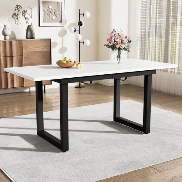 Utökningsbar matbord, L140/180*B80*H75, Rektangulär, Enkel och modern matbord i järn, Vit + Svart