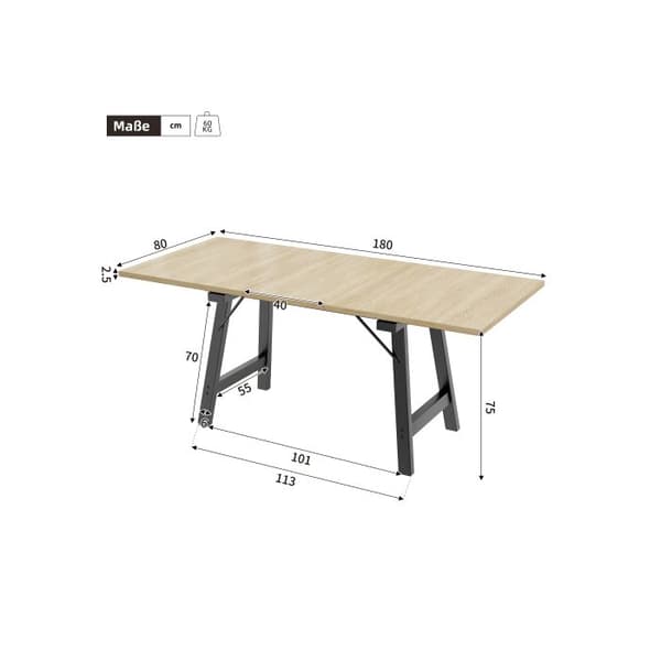 Matbord i trä 140/180*80cm, utdragbart, för 4-6 personer, naturlig färg
