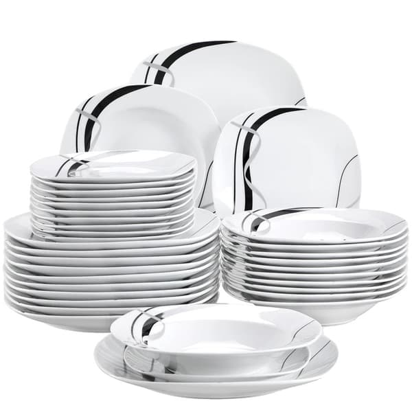 Köks Servis Set, Porslin Keramik, Svart Linje Design, 36-DELAR 36-PIECE