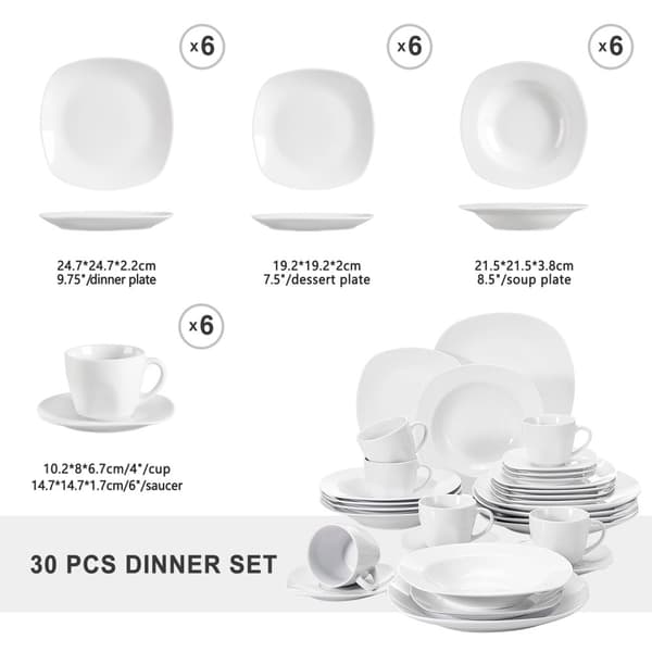 Keraaminen posliiniastiasto, minimalistinen muotoilu, lämmönkestävä, palvelu 6 hengelle.