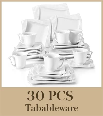 Porcelænsservise til 12 personer, Mikroovn- og opvaskemaskinesikker, Elegant firkantet design.,30-delt