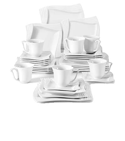 Porcelænsservise til 12 personer, Mikroovn- og opvaskemaskinesikker, Elegant firkantet design.,30-delt