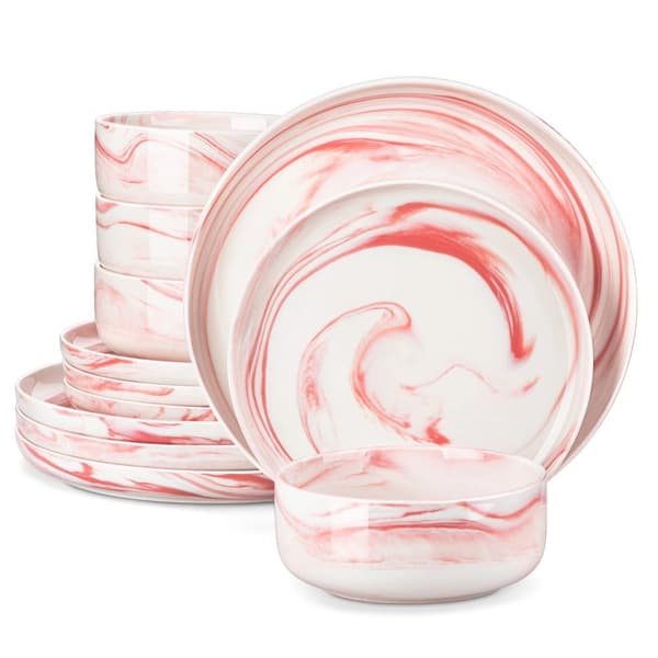 24-delt Marmor Porcelænssæt, Miljøvenligt, Opvaskemaskine- og Mikrobølgesikker,Pink Marmor