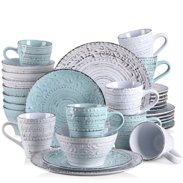 Keramiskt servis f�r 12 personer, handgjord med scenisk design, mikrov�gsugn- och diskmaskinss�ker.,32-delar
