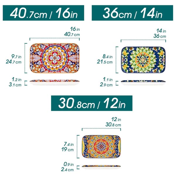 Rektangulære keramiske salatfade sæt, elegant blomsterdesign, mikrobølgeovnssikre,3Stykke, Stil 2